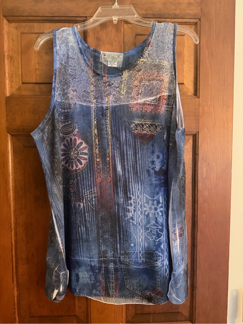 Impulse California Women XL Blue Boho Tunic Lace Patchwork Print Sleeveless Top